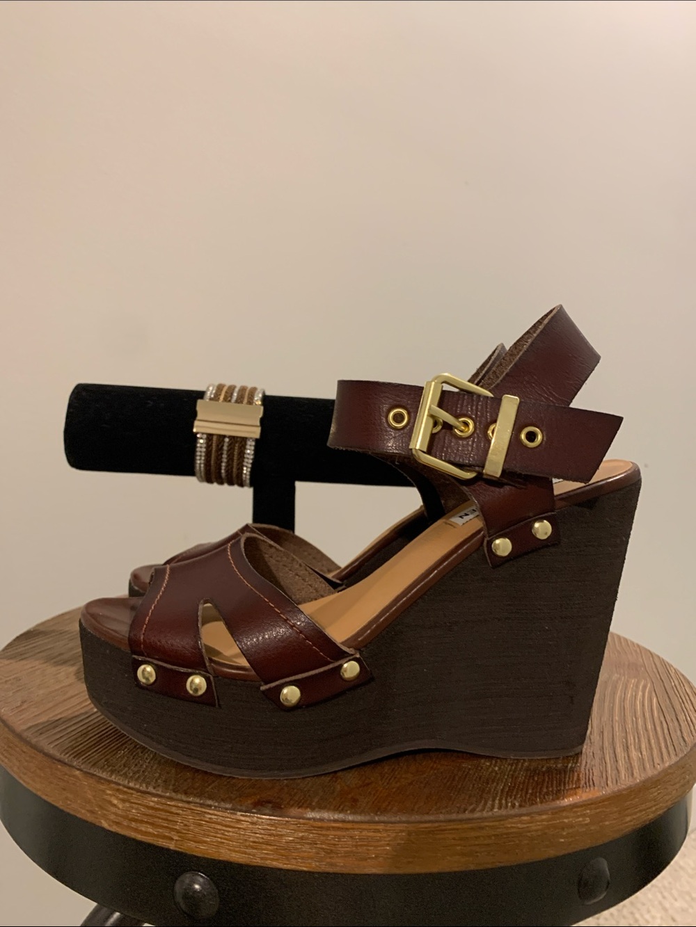Steve Madden Brown Leather Platform Wedges with Gold Buckle with bracelet